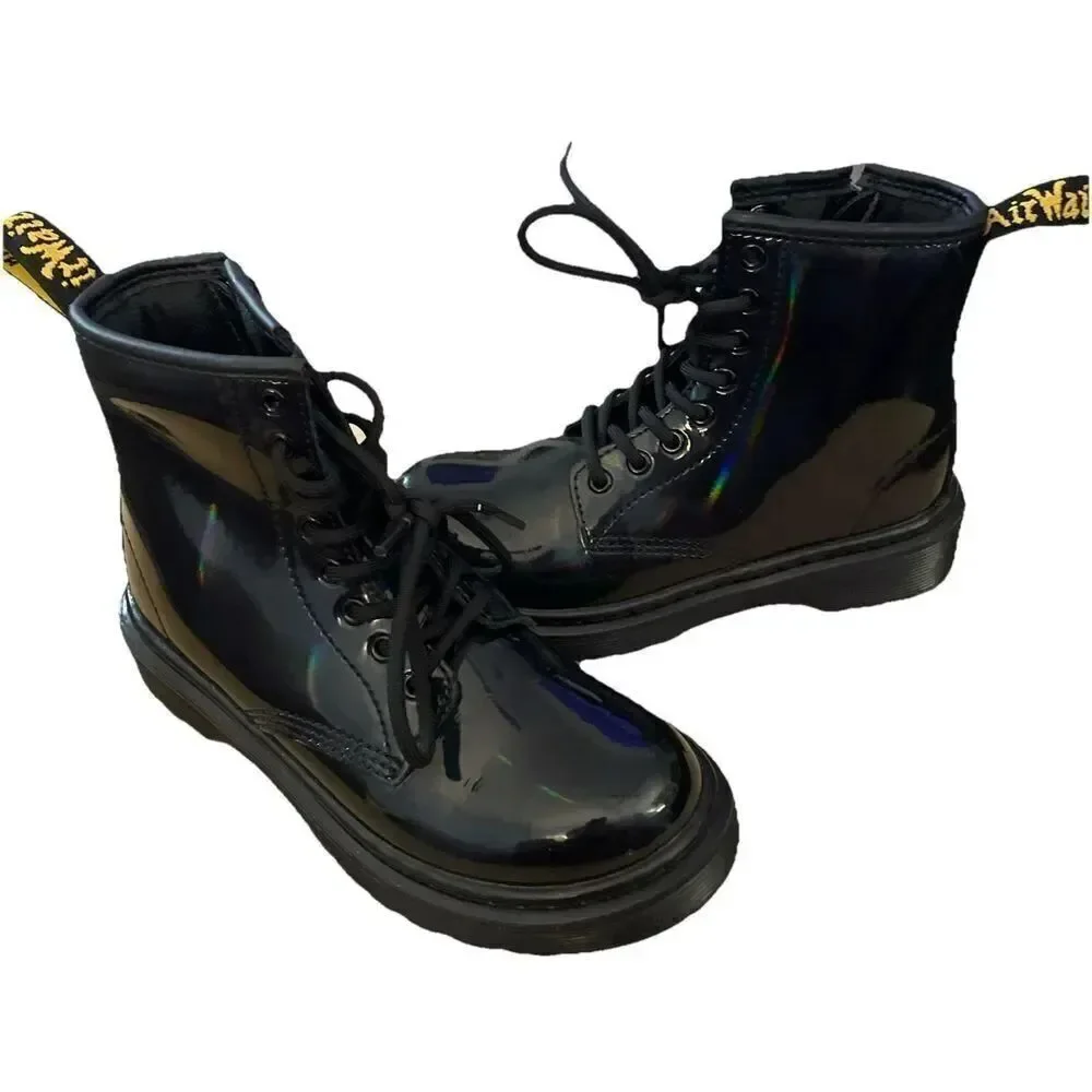 Dr Martens Jr Combat Black Glossy Leather J Zip Up Boots Size 13 US